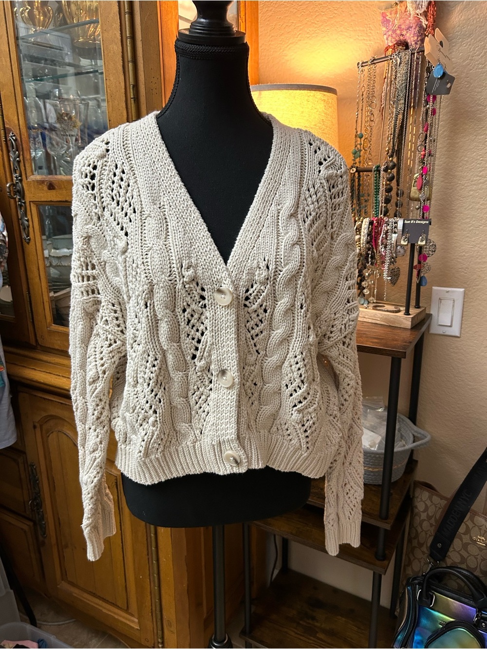 moon & madison Cream Cable Knit Button-Front Cardigan